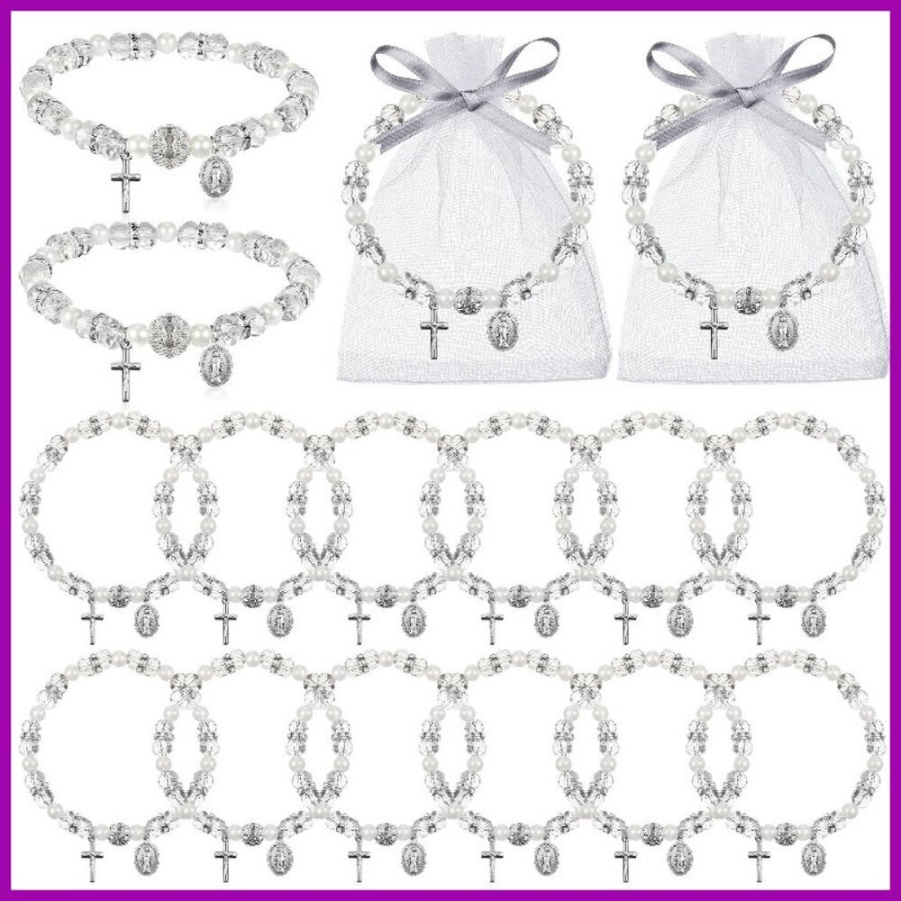 Religious Rosary Bracelet Bulk Set with Mesh Bags, Adjustable Stretch